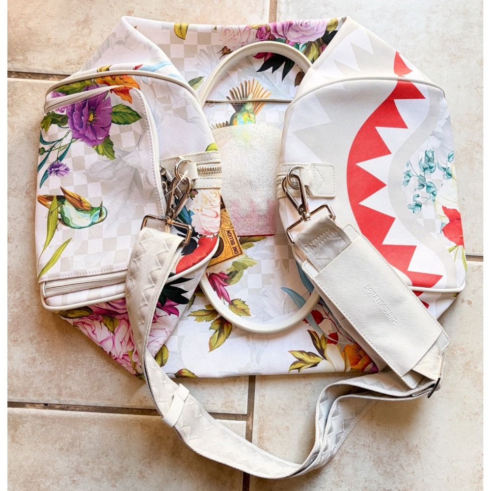 Sprayground Limited Edition In The Garden Duffle Floral Shark Mouth White Check